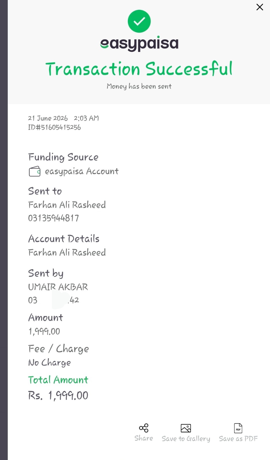 Easypaisa payment proof Rs. 1,999 — Umair Akbar