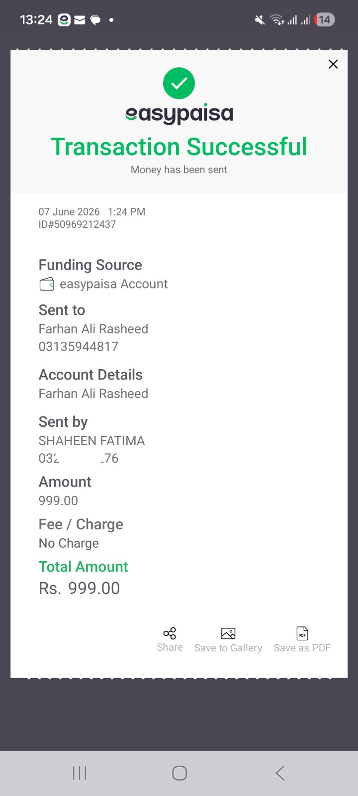 Easypaisa payment proof Rs. 999 — Shaheen Fatima