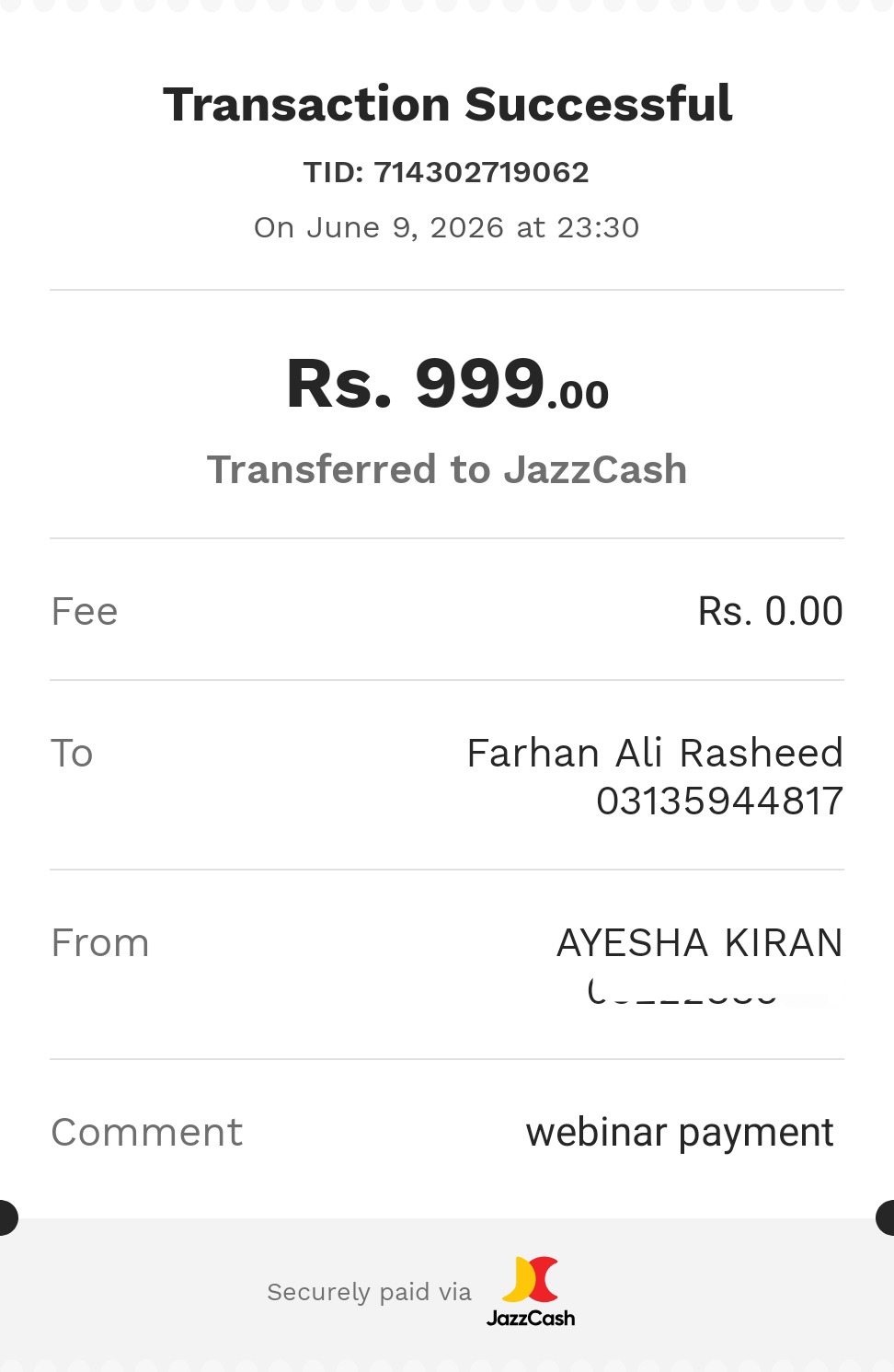 JazzCash payment proof Rs. 999 — webinar payment