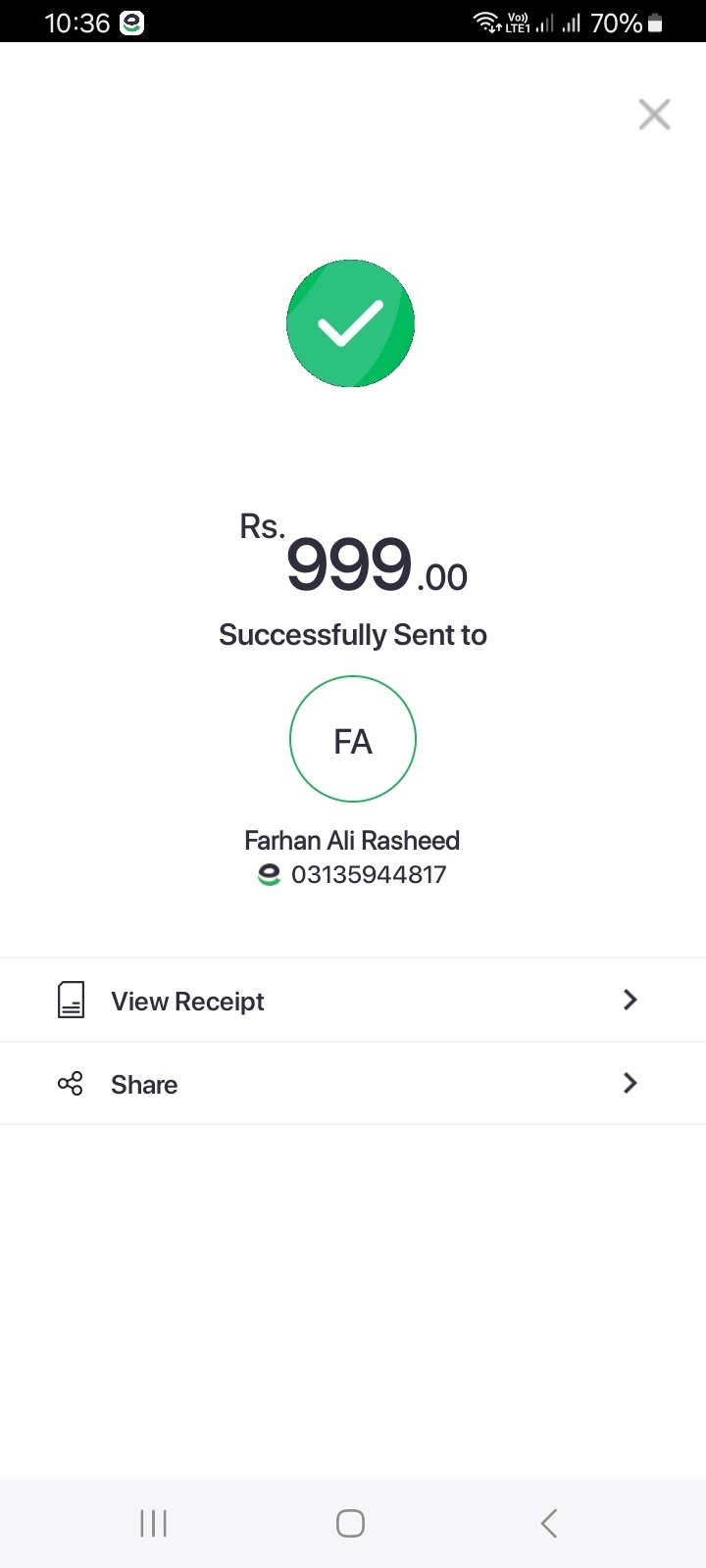 Easypaisa quick send payment proof Rs. 999