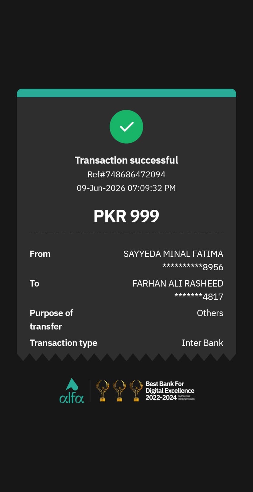 Alfa Bank payment proof PKR 999