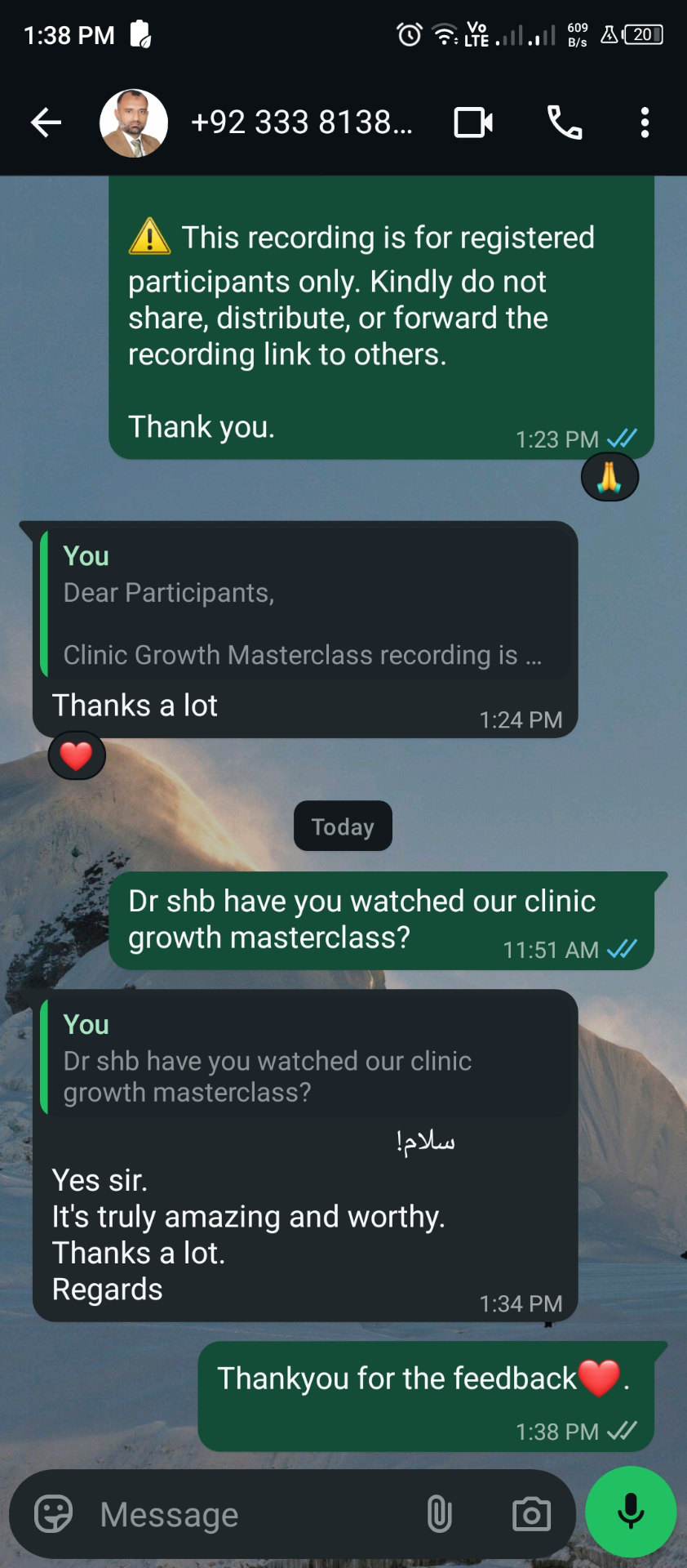 WhatsApp feedback: Clinic Growth Masterclass truly amazing and worthy