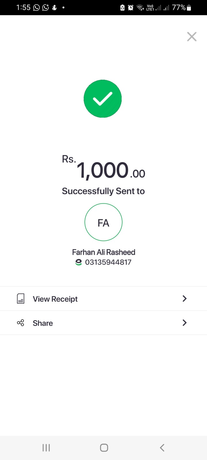 Easypaisa payment proof Rs. 1,000