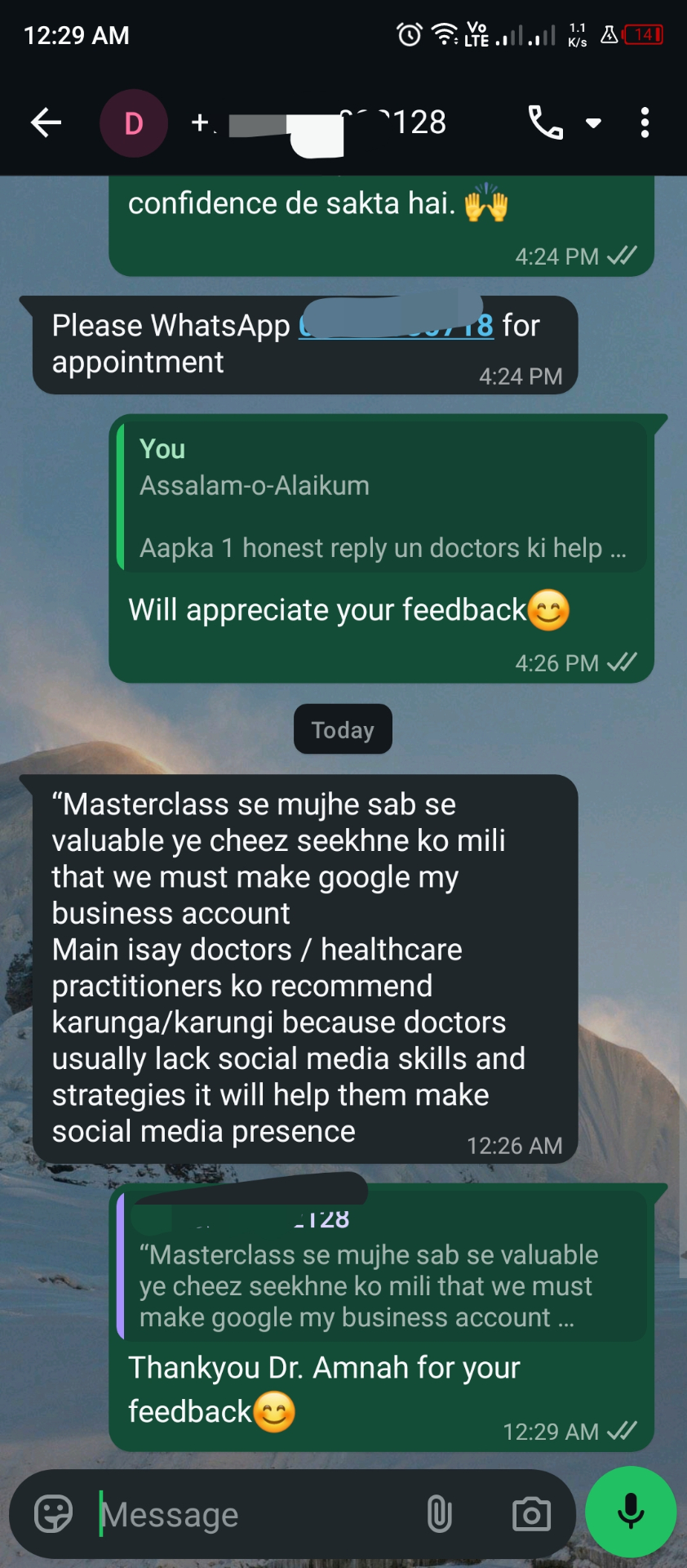 WhatsApp feedback from Dr. Amnah: Most valuable lesson was Google My Business strategy