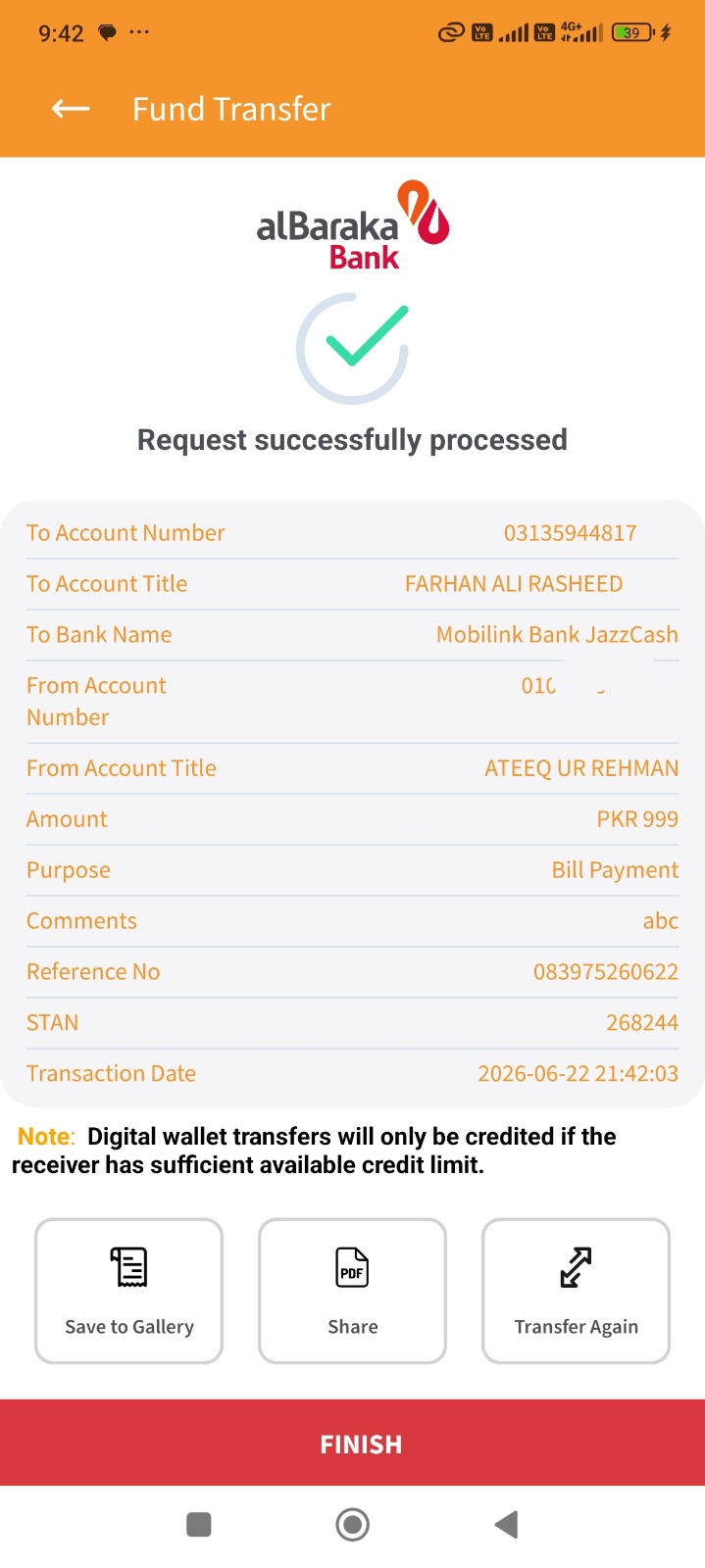 alBaraka Bank fund transfer proof PKR 999