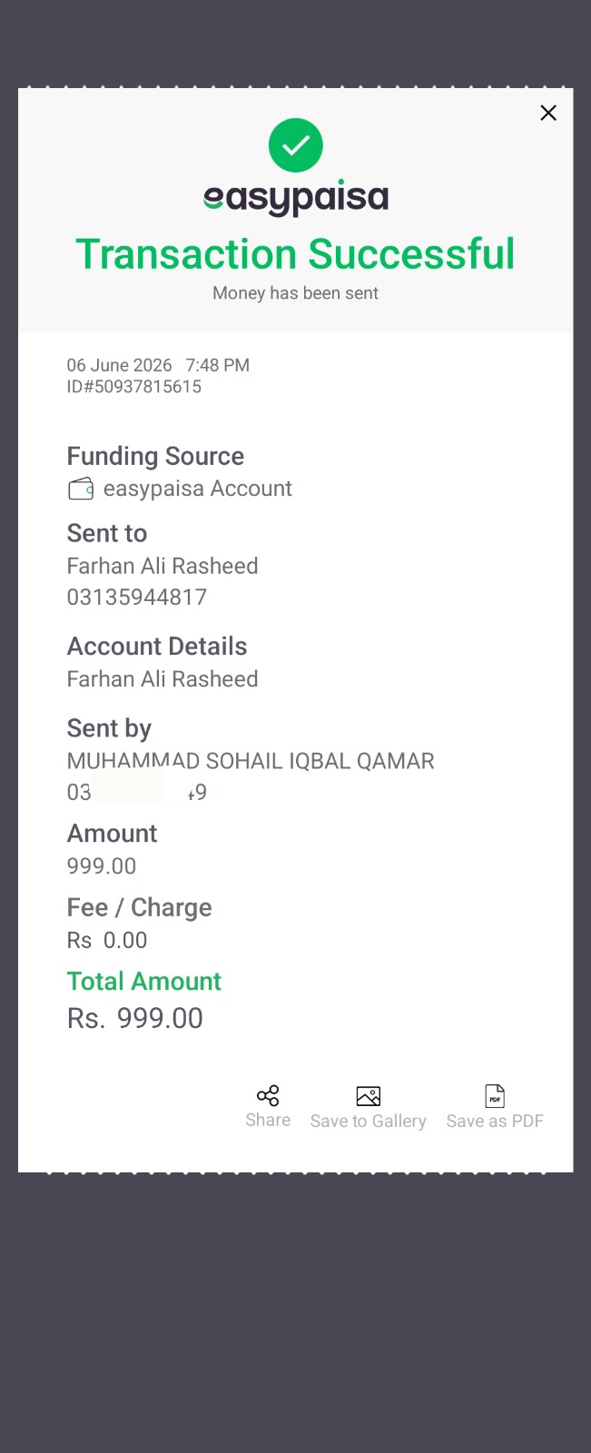Easypaisa payment proof Rs. 999