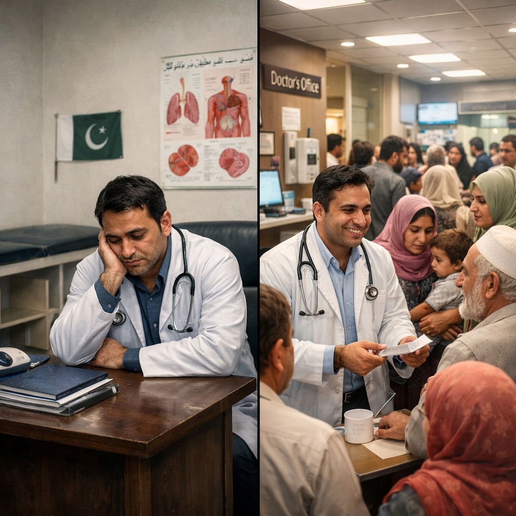 Doctor before and after clinic growth — empty office vs. busy clinic with patients
