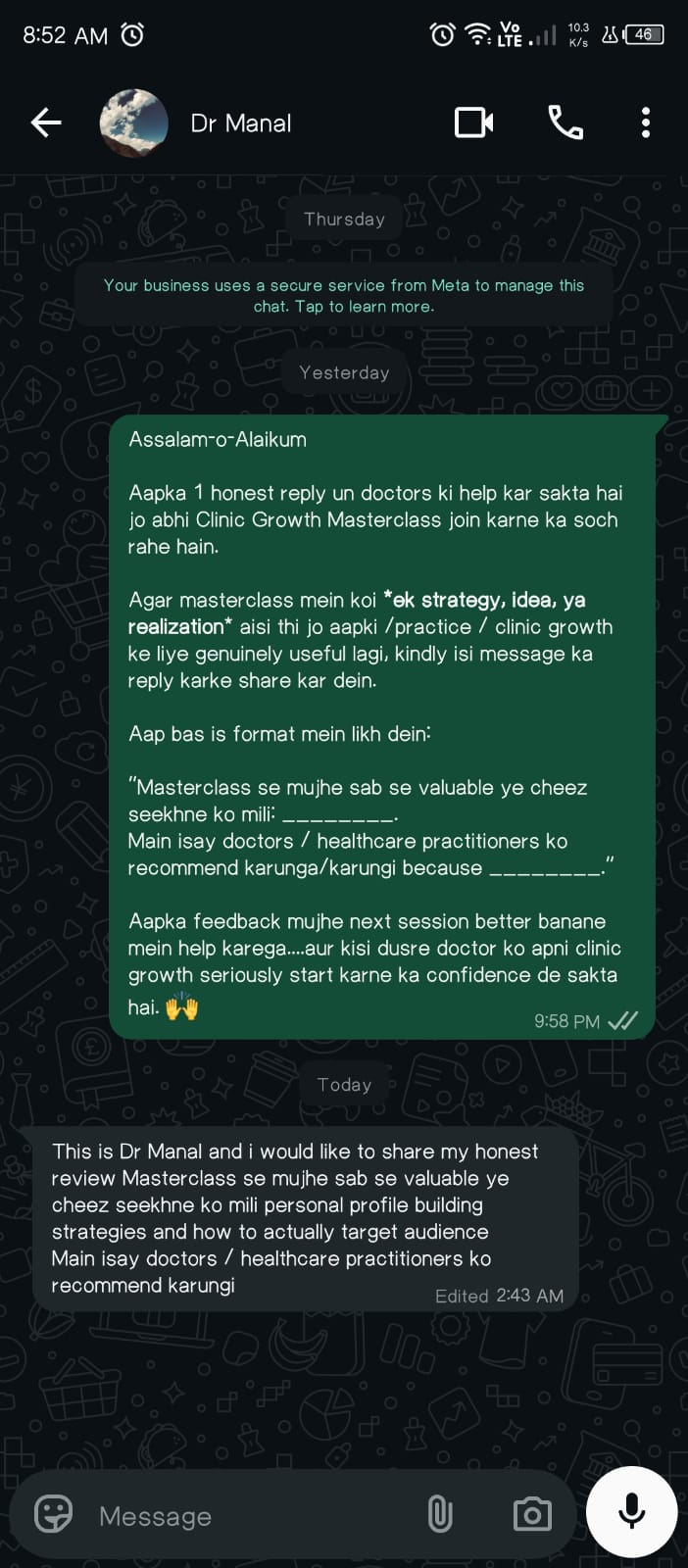 WhatsApp feedback from Dr. Manal: Personal profile building & audience targeting