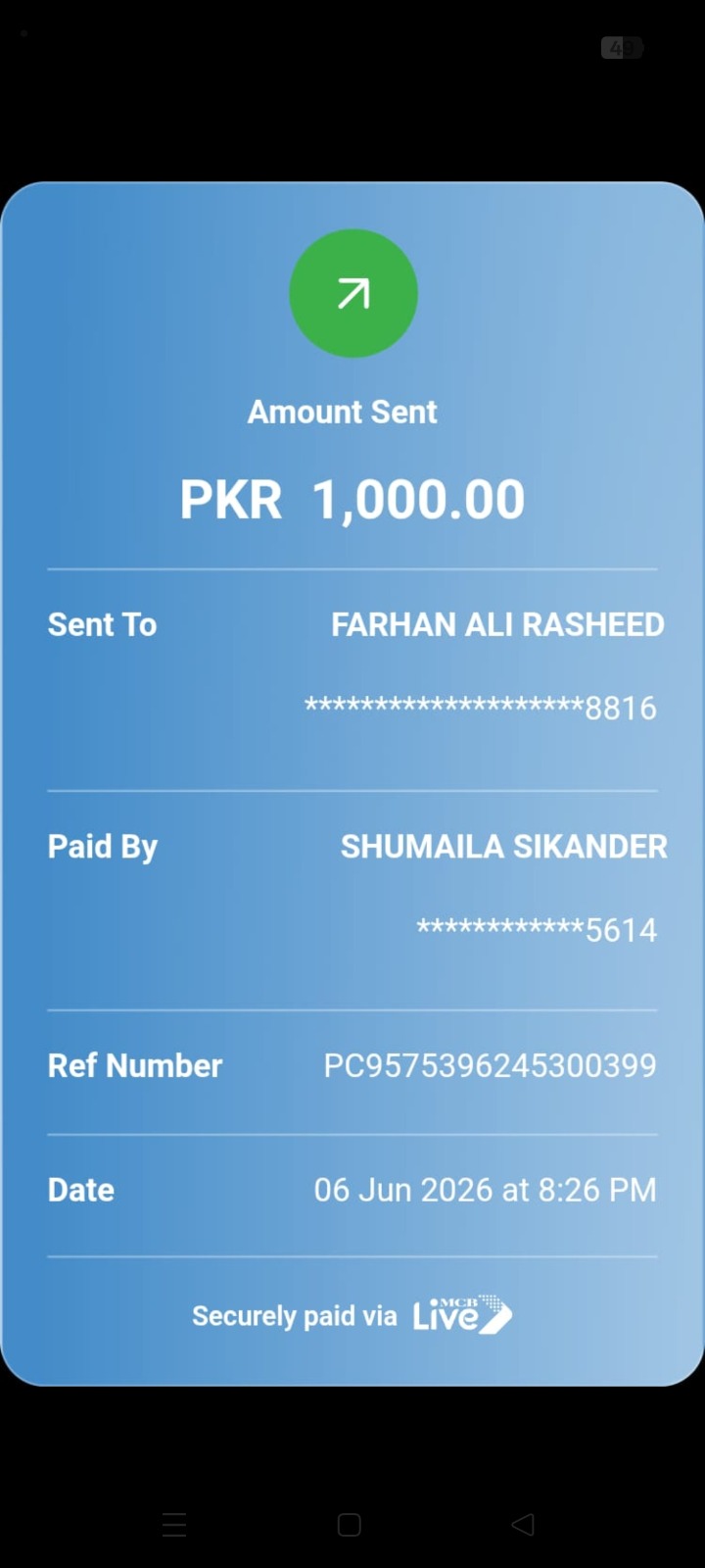 MCB Live payment proof PKR 1,000