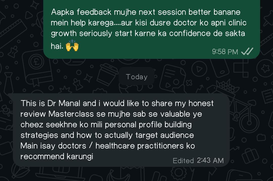 WhatsApp feedback from Dr. Manal: Recommends masterclass to doctors & practitioners