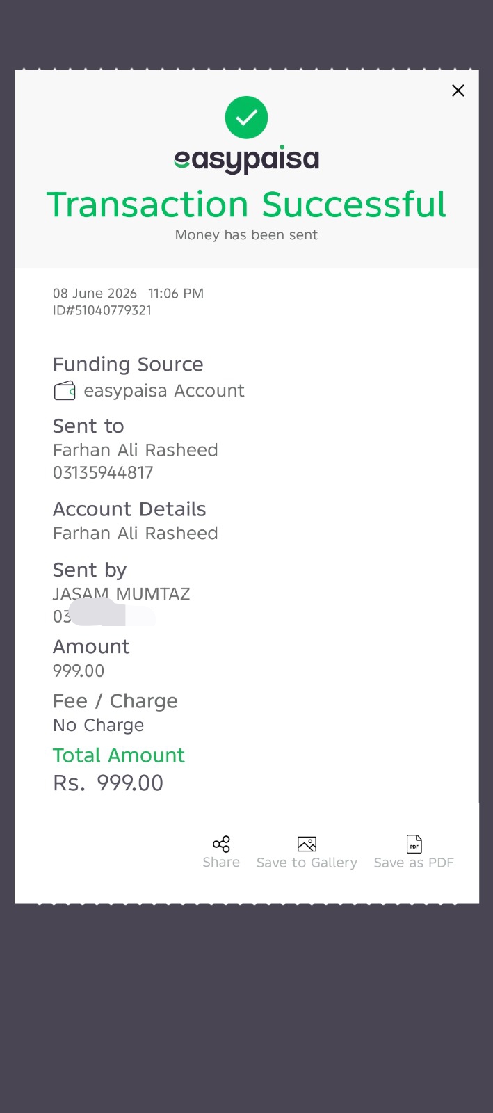 Easypaisa payment proof Rs. 999 — Jasam Mumtaz