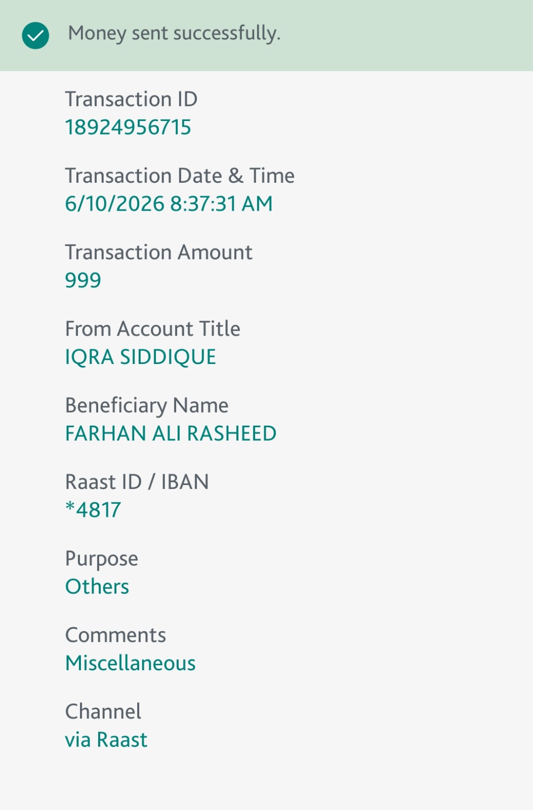 Raast bank transfer proof PKR 999 — Iqra Siddique